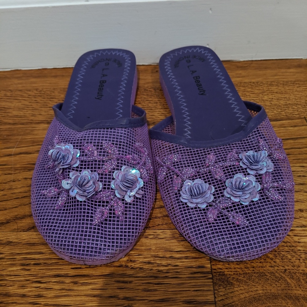Purple mesh slip on floral sandal